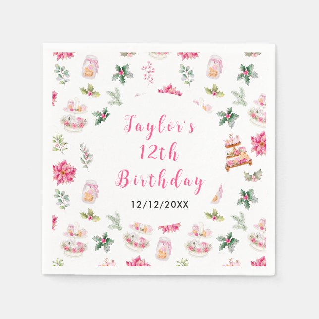 Holiday Christmas Tea Birthday Party Pink Napkin (Front)