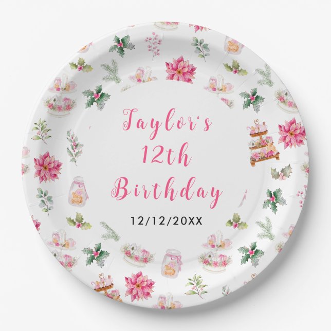 Holiday Christmas Tea Birthday Party Pink Paper Plate (Front)