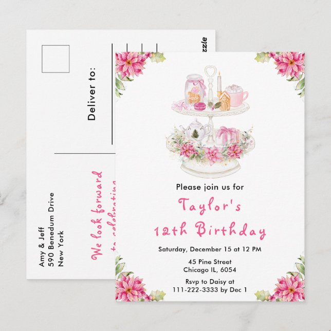 Holiday Christmas Tea Birthday Party Pink Postcard (Front/Back)