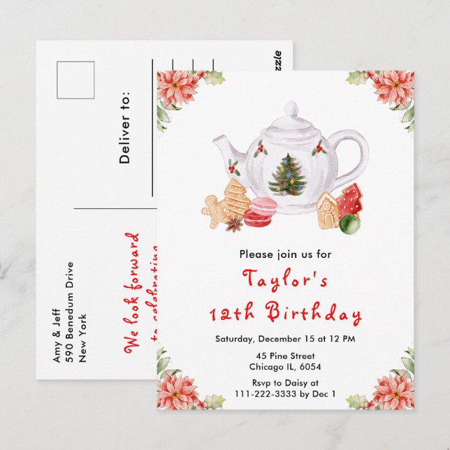 Holiday Christmas Tea Birthday Party Red Postcard (Front/Back)
