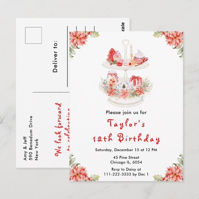 Holiday Christmas Tea Birthday Party Red Postcard (Front/Back)