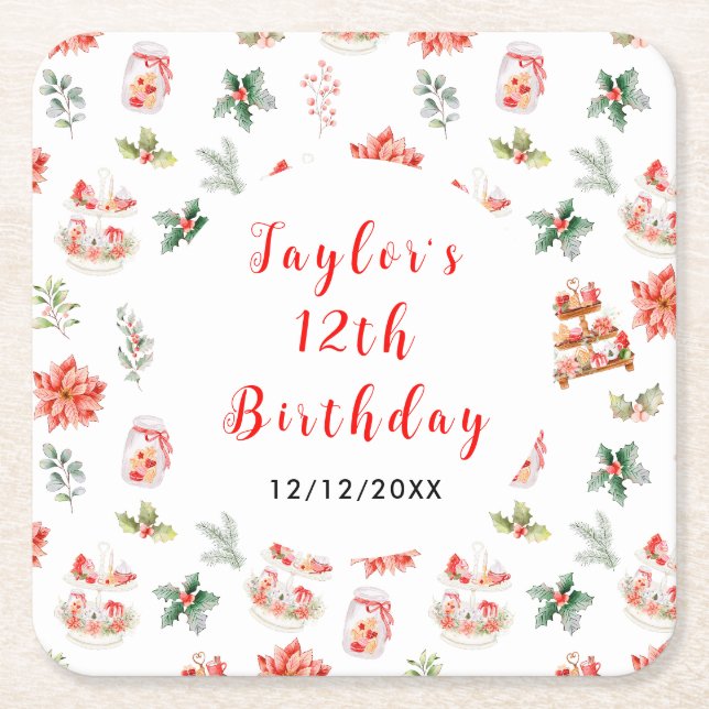 Holiday Christmas Tea Birthday Party Red Square Paper Coaster (Front)