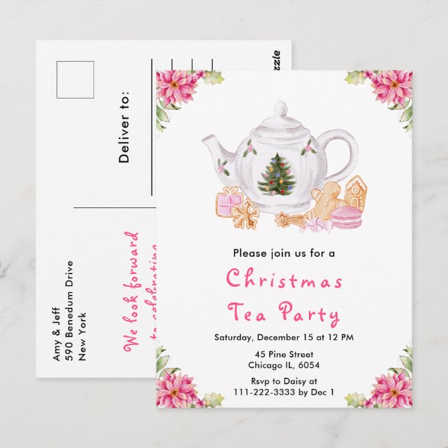 Holiday Christmas Tea Party Pink Postcard (Front/Back)