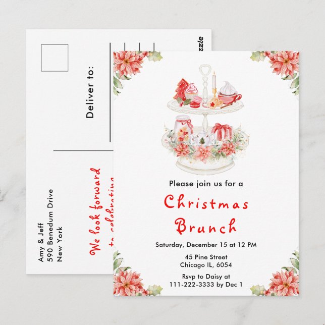 Holiday Christmas Tea Party Red Postcard (Front/Back)