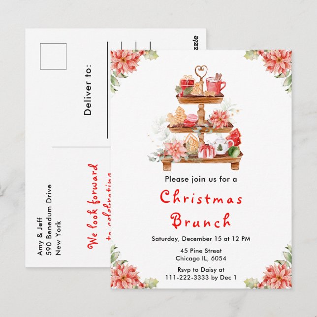 Holiday Christmas Tea Party Red Postcard (Front/Back)