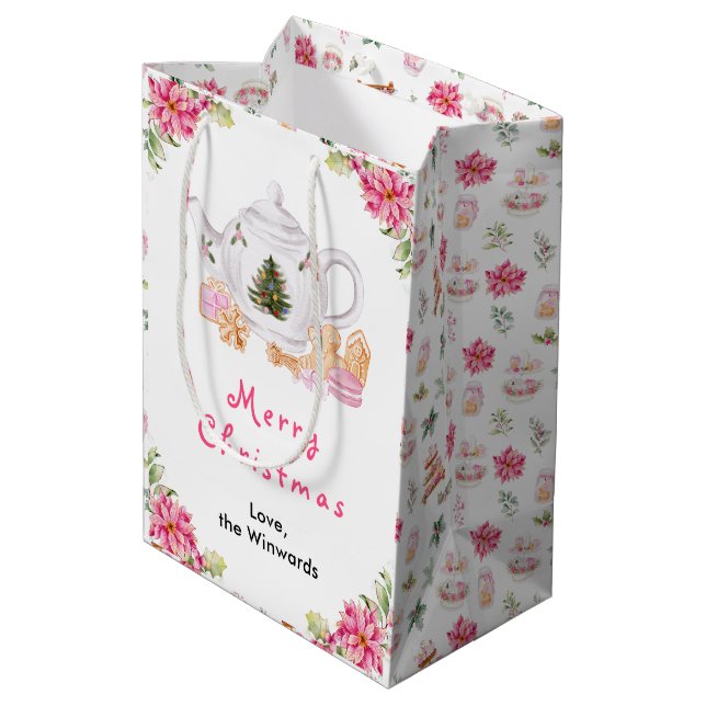 Holiday Christmas Tea Pink Merry Christmas Medium Gift Bag (Back Angled)