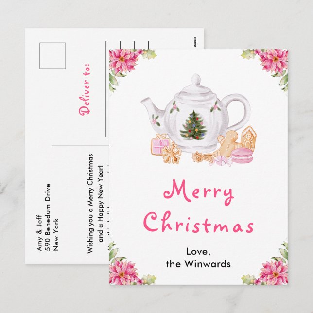 Holiday Christmas Tea Pink Merry Christmas Postcard (Front/Back)