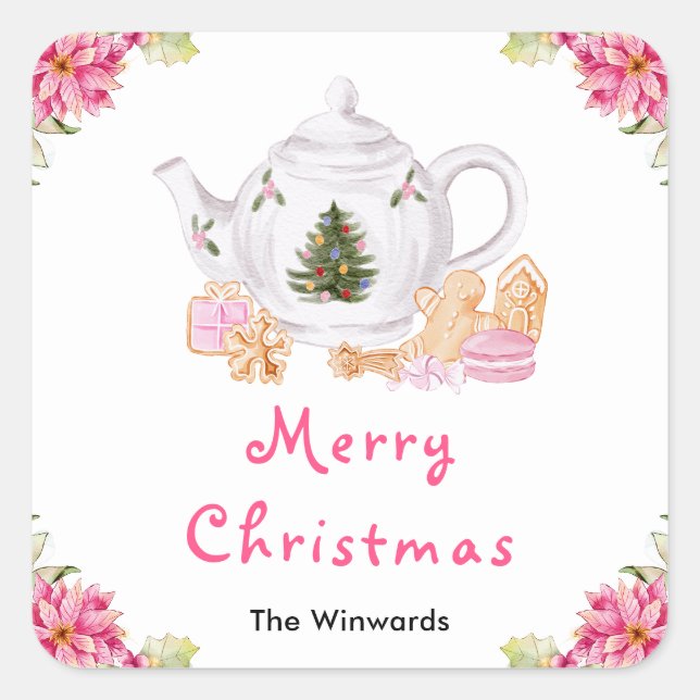 Holiday Christmas Tea Pink Merry Christmas Square Sticker (Front)