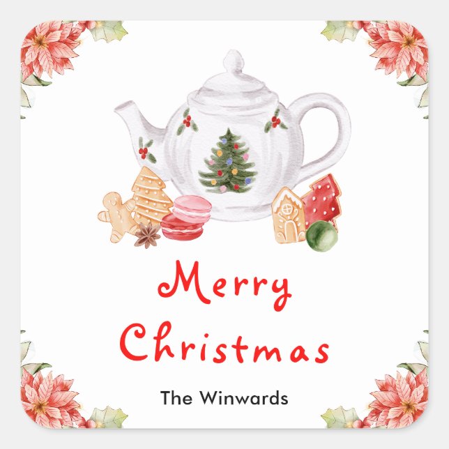 Holiday Christmas Tea Red Merry Christmas Square Sticker (Front)