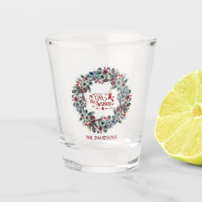 Holiday Christmas 'Tis the Season Script Monogram Shot Glass (Front)