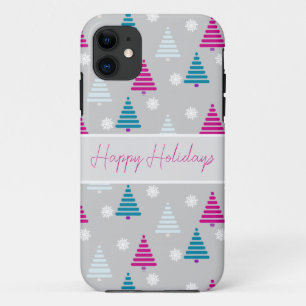 Holiday Christmas tree blue pink simple iPhone 11 Case