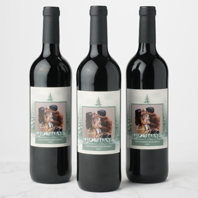 Holiday Christmas Watercolor Snow-Covered Custom Wine Label (Bottles)