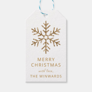 Holiday Christmas White and Gold Glitter Snowflake Gift Tags