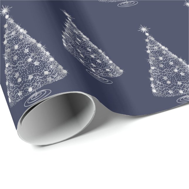Holiday Christmas Wrapping Paper Silver Tree Navy (Roll Corner)