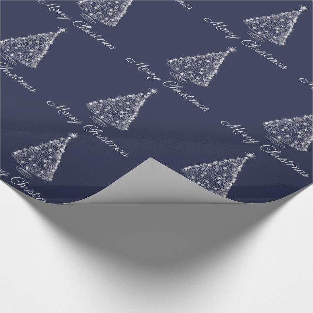 Holiday Christmas Wrapping Paper Silver Tree Navy (Corner)