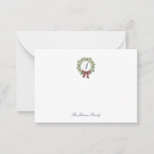 Holiday Christmas Wreath Bow Stationery Monogram Card