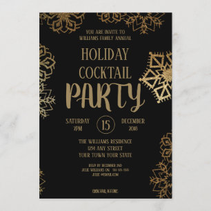 Holiday Cocktail Party  Black and Gold Glitter Invitation
