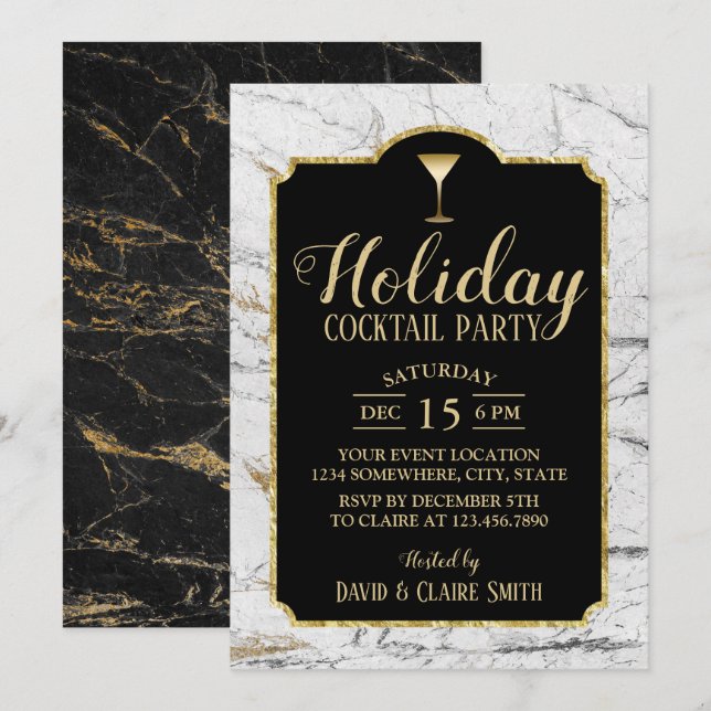 Holiday Cocktail Party Modern White Marble Invitation (Front/Back)