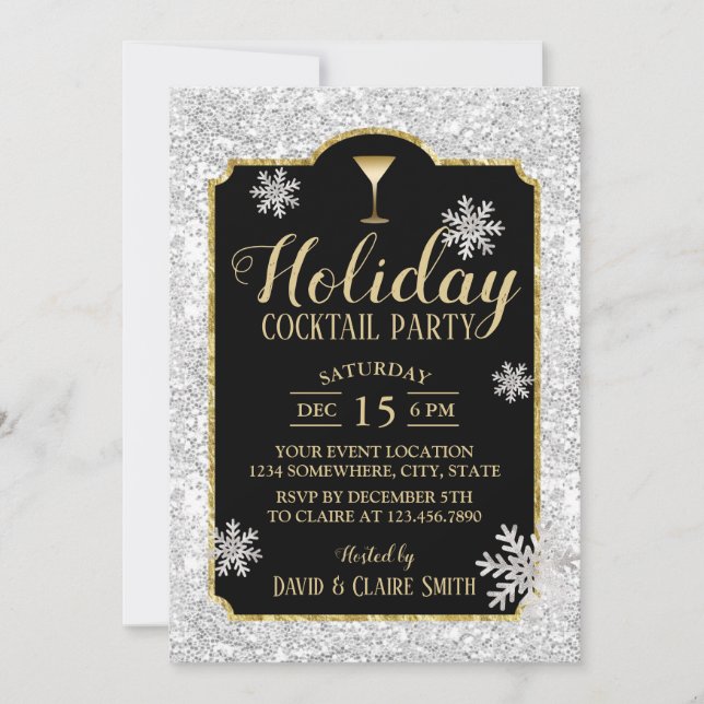 Holiday Cocktail Party Snowflakes Modern Silver Invitation (Front)