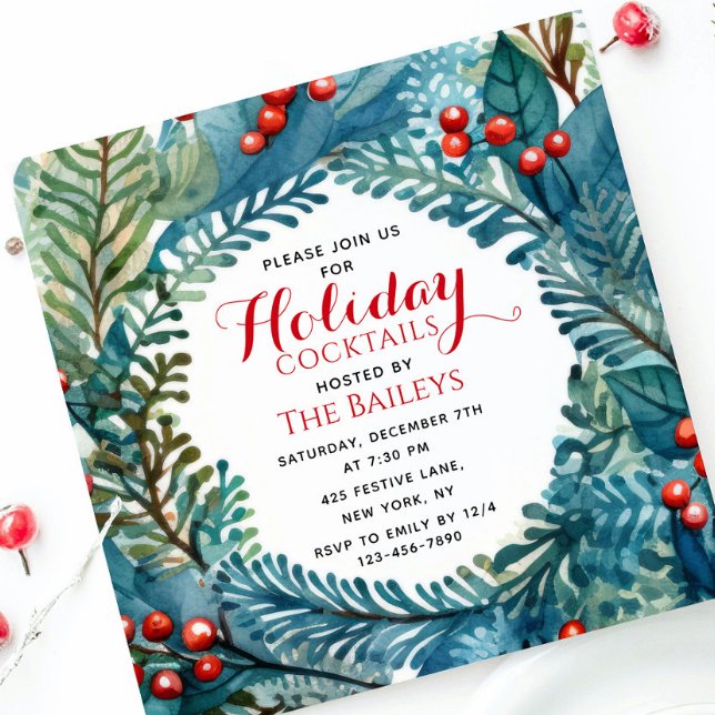 Holiday Cocktails Elegant Christmas Floral Wreath Invitation (Creator Uploaded)