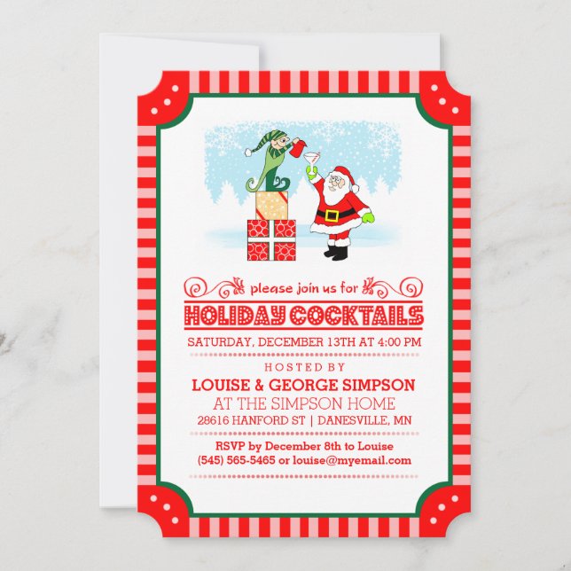 Holiday Cocktails - Santa & Elf Red & White Invite (Front)