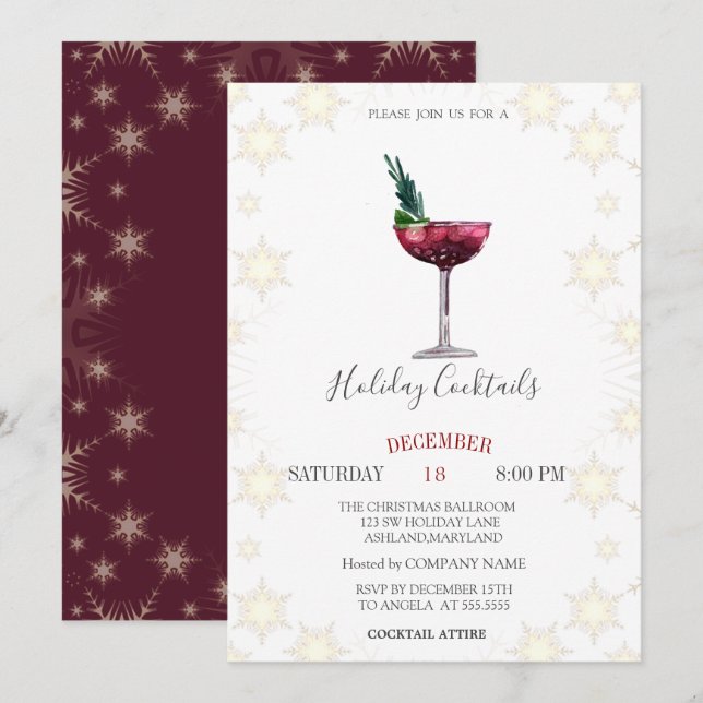 Holiday Cocktails Snowflakes Company Christmas  Invitation (Front/Back)