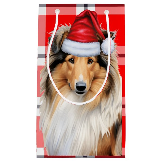 Holiday Collie and Festive Holiday Plaid Christmas Small Gift Bag (Front)