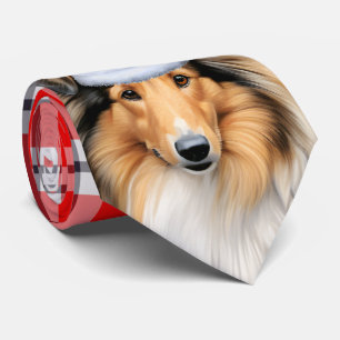 Holiday Collie Dog Red and White Plaid Christmas Tie