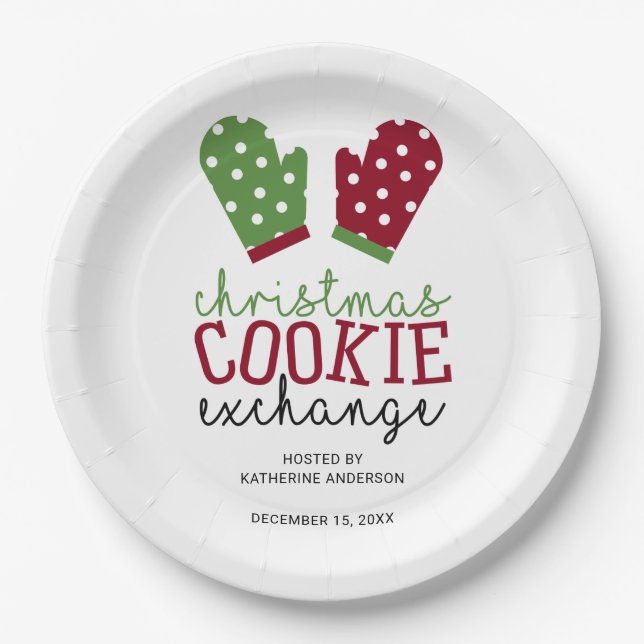 Holiday Cookie Exchange Party Christmas Oven Mitts Paper Plate (Front)