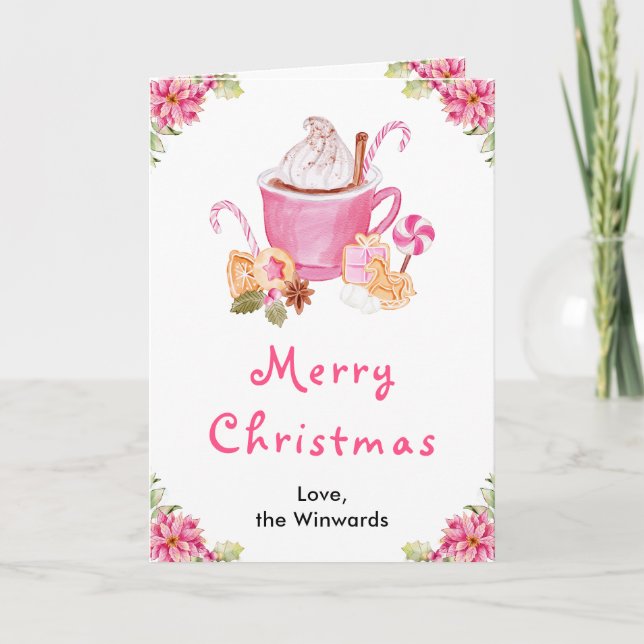 Holiday Cookies and Cocoa Pink Merry Christmas Card (Front)