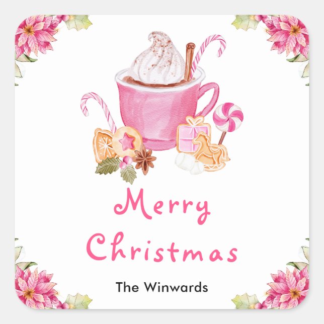 Holiday Cookies and Cocoa Pink Merry Christmas Square Sticker (Front)