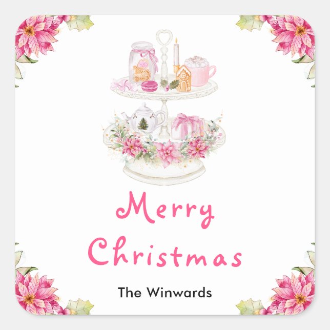 Holiday Cookies and Cocoa Pink Merry Christmas Square Sticker (Front)
