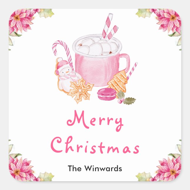 Holiday Cookies and Cocoa Pink Merry Christmas Square Sticker (Front)