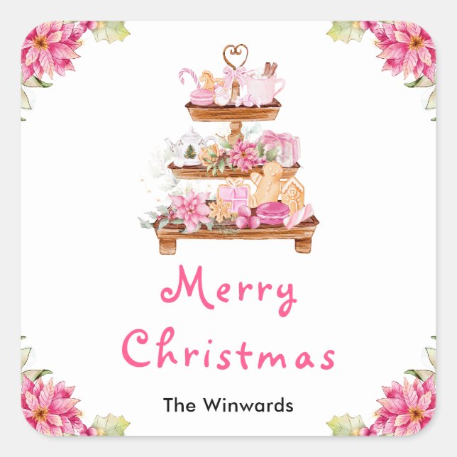 Holiday Cookies and Cocoa Pink Merry Christmas Square Sticker (Front)