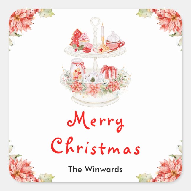 Holiday Cookies and Cocoa Red Merry Christmas Square Sticker (Front)
