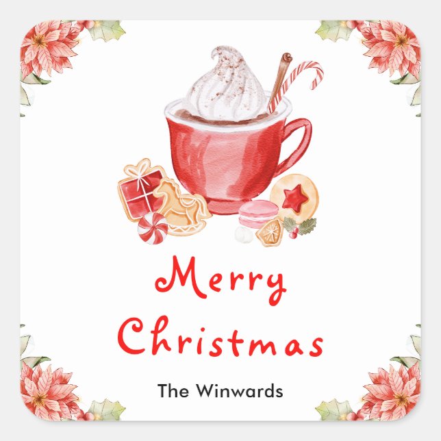 Holiday Cookies and Cocoa Red Merry Christmas Square Sticker (Front)