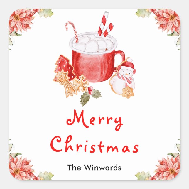 Holiday Cookies and Cocoa Red Merry Christmas Square Sticker (Front)