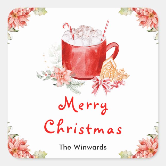 Holiday Cookies and Cocoa Red Merry Christmas Square Sticker (Front)