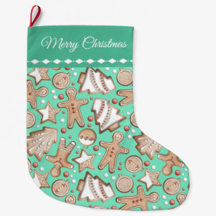 Holiday Cookies Pattern on Teal Large Christmas Stocking