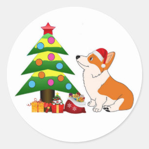 Holiday Corgi Cartoon with Tree Classic Round Sticker