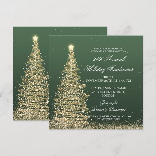 Holiday Corporate Fundraiser Gala Gold Green Invitation (Front/Back)