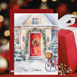 Holiday Cottage Red Door Watercolor