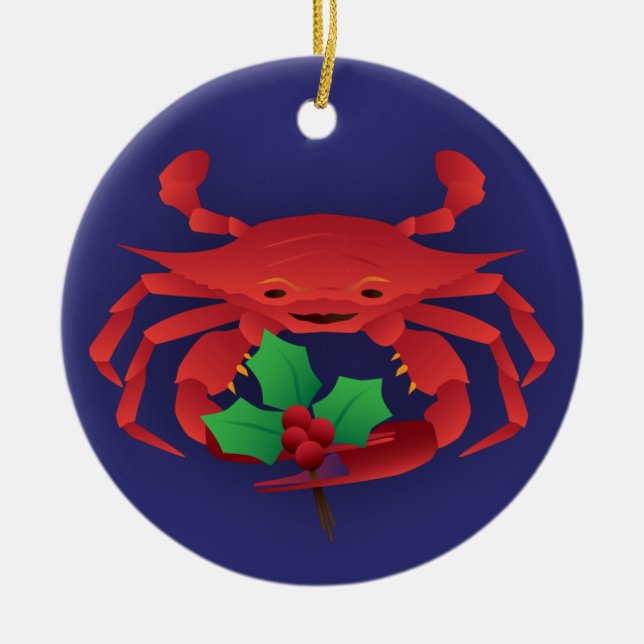 Holiday Crab with Holly Ceramic Tree Decoration (Front)