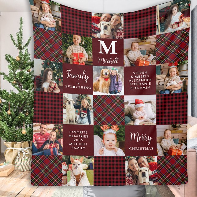 Holiday Custom Patchwork Plaid Family 15 Photos Fleece Blanket (Creator Uploaded)