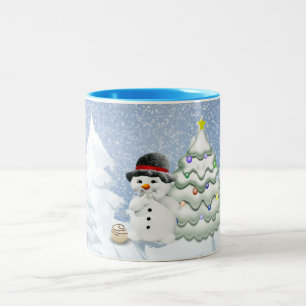 Holiday   Cute snowman chocolate woodland snow Two-Tone Coffee Mug