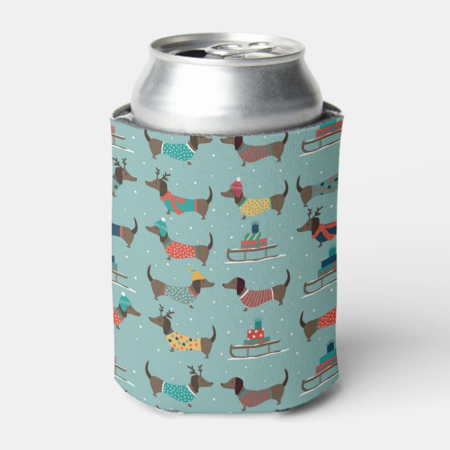 Holiday Dachshunds with Gifts and Sleds Pattern Can Cooler (Can Front)
