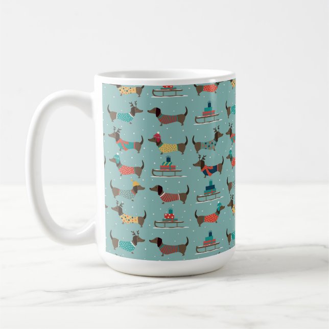 Holiday Dachshunds with Gifts and Sleds Pattern Coffee Mug (Left)