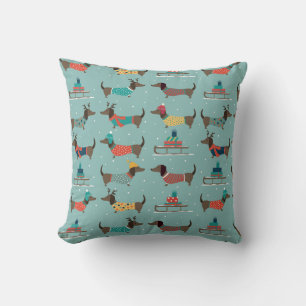 Holiday Dachshunds with Gifts and Sleds Pattern Cushion