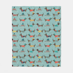 Holiday Dachshunds with Gifts and Sleds Pattern Fleece Blanket