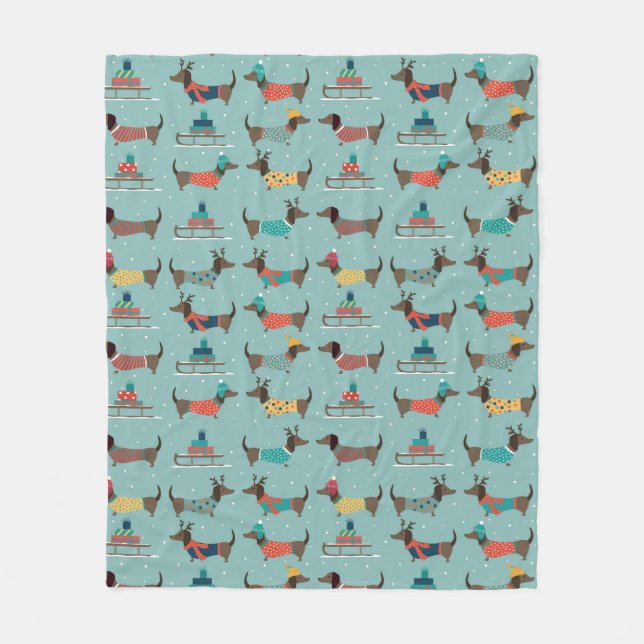 Holiday Dachshunds with Gifts and Sleds Pattern Fleece Blanket (Front)